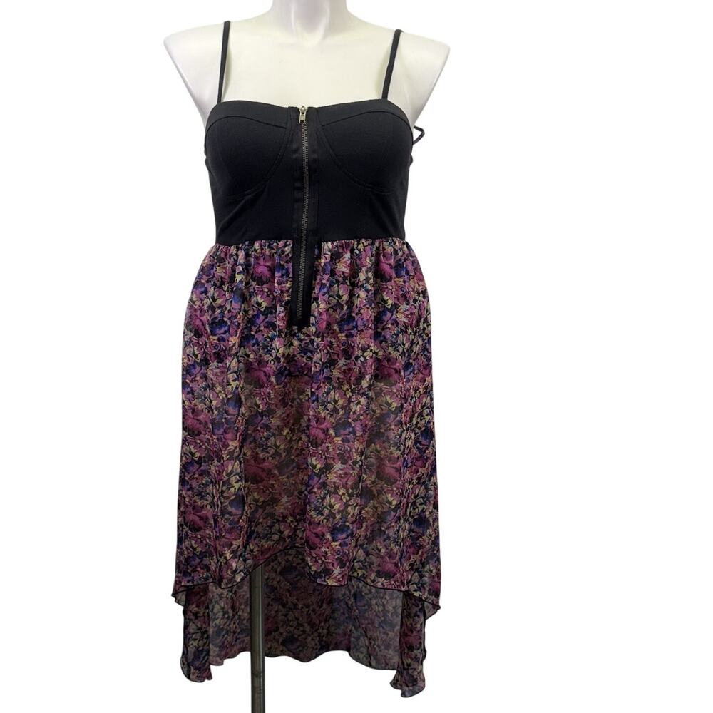 Material Girl High Lo Dress Y2K Zip Corset Semi Sheer Black Floral Mini Dress XL